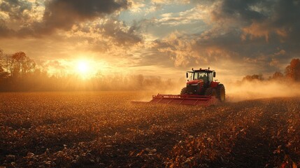 A red tractor cultivates a field at sunset, creating a cloud of dust.