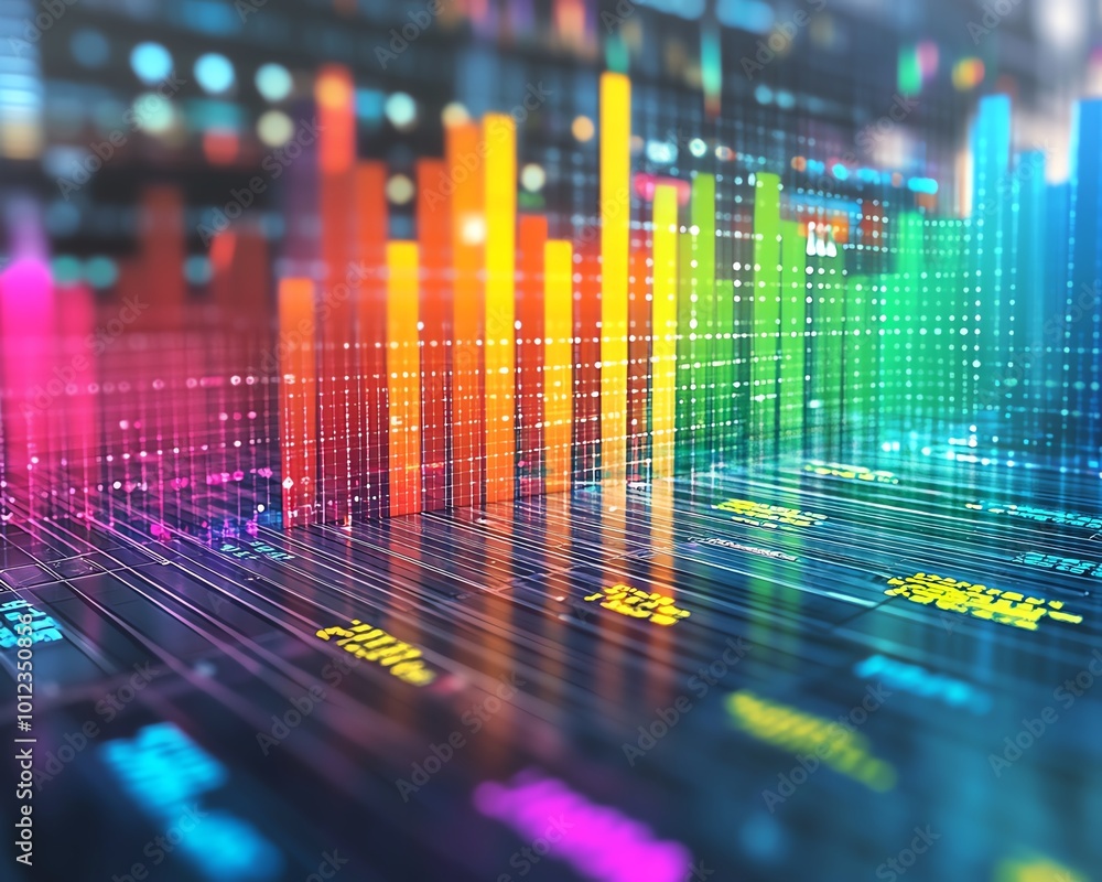 Poster Engaging bar charts with multiple colors showing stock market fluctuations or colorful financial data for investment analysis