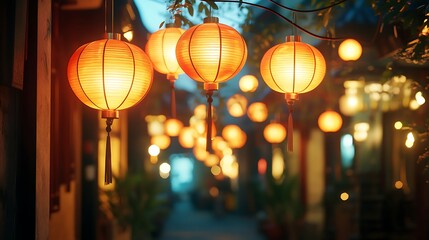 A soft, glowing lanterns hanging in a garden with a dark, clear space for text