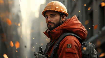 Fototapeta premium A man in a hard hat and red jacket stands in a construction zone.