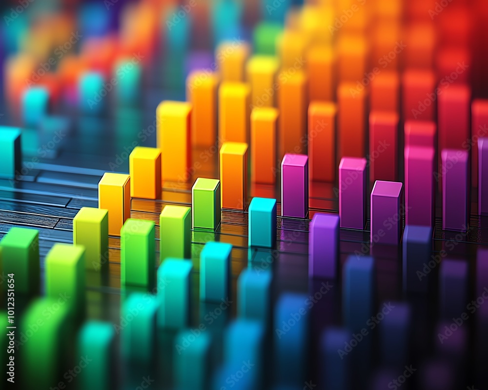Poster stock market investment bar charts with many colors showing up and down trends, ideal for colorful f
