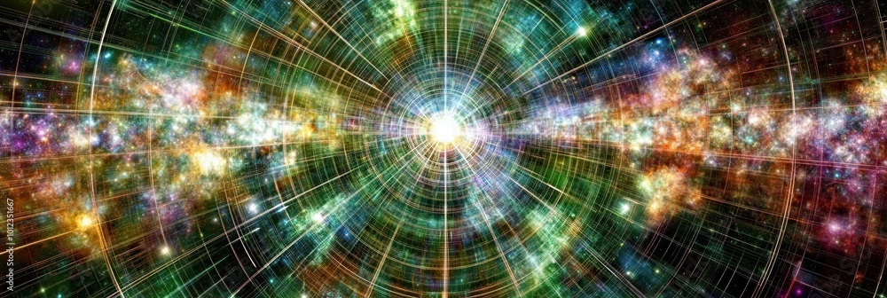Poster exploring the vibrant and intricate depths of modern quantum realms in cosmic representation
