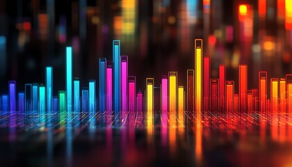 Stock market investment bar charts with many colors showing up and down trends, ideal for colorful financial data