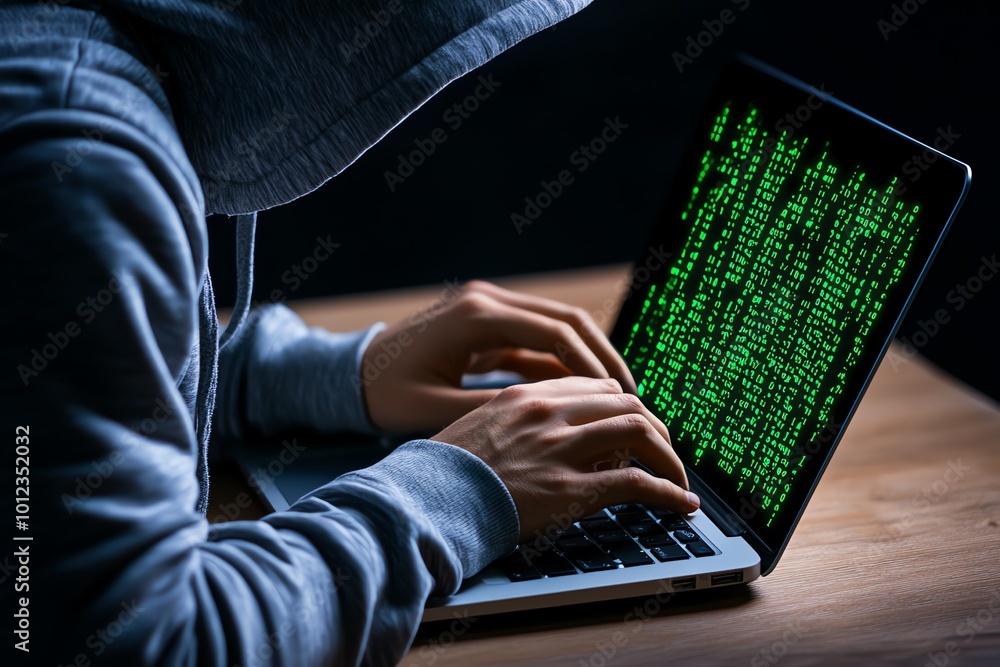 Poster a person in a hoodie working on a laptop, with glowing green code streaming across the screen, symbo