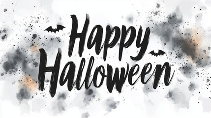 Simple black text "Happy Halloween" in a distressed font on a white background with subtle gray accents, vector greeting card without pictures with the inscription "Happy Halloween