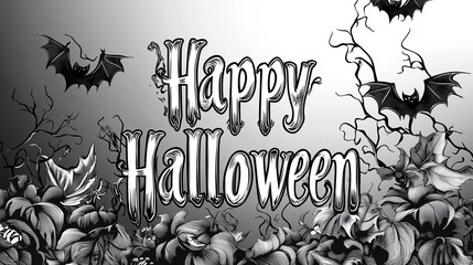 Black and white text "Happy Halloween" in a creepy, jagged font, centered on a subtle gradient background, vector greeting card without pictures with the inscription "Happy Hallowe