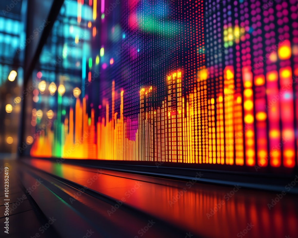 Poster bright and colorful bar charts with fluctuating values for stock market investment analysis or vibra