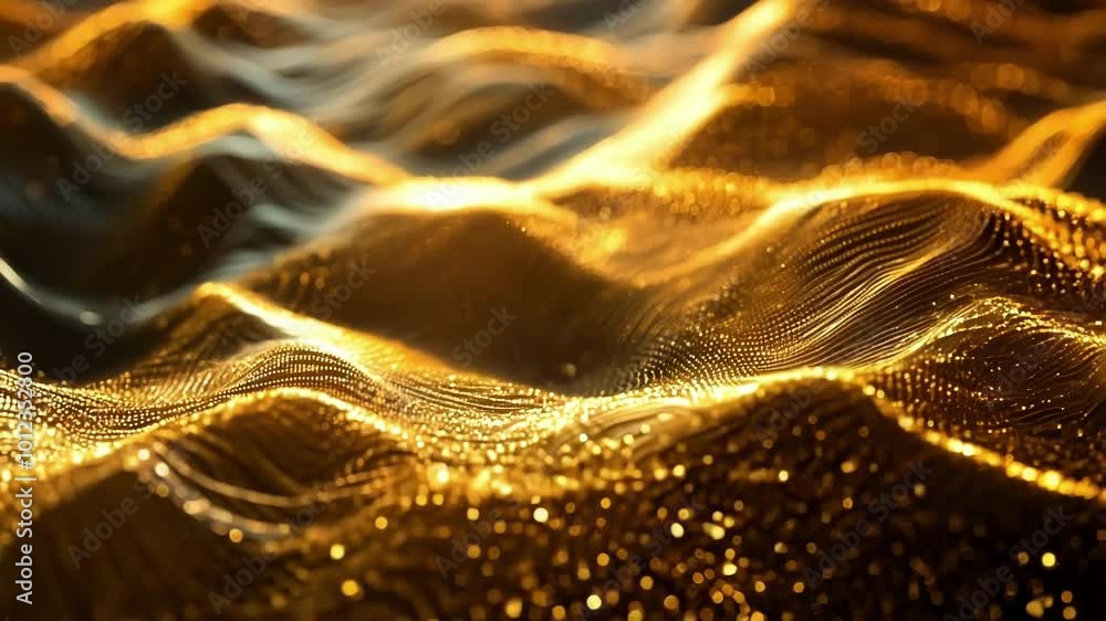 Poster mesmerizing digital wave of shimmering golden particles flows gracefully in an abstract background, 