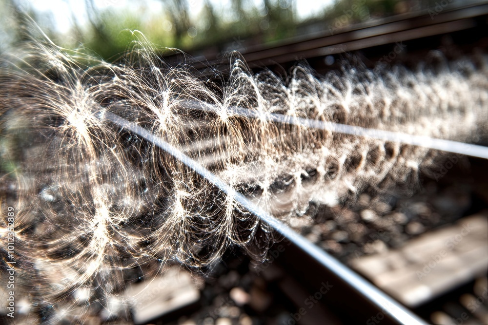 Poster quantum entanglement illustrated through swirling patterns on train tracks in a forested area