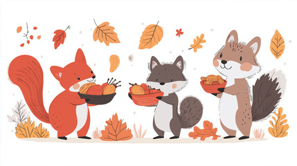 Cute woodland animals like squirrels and foxes gathering food for a Thanksgiving feast. Flat illustration, thanksgiving
