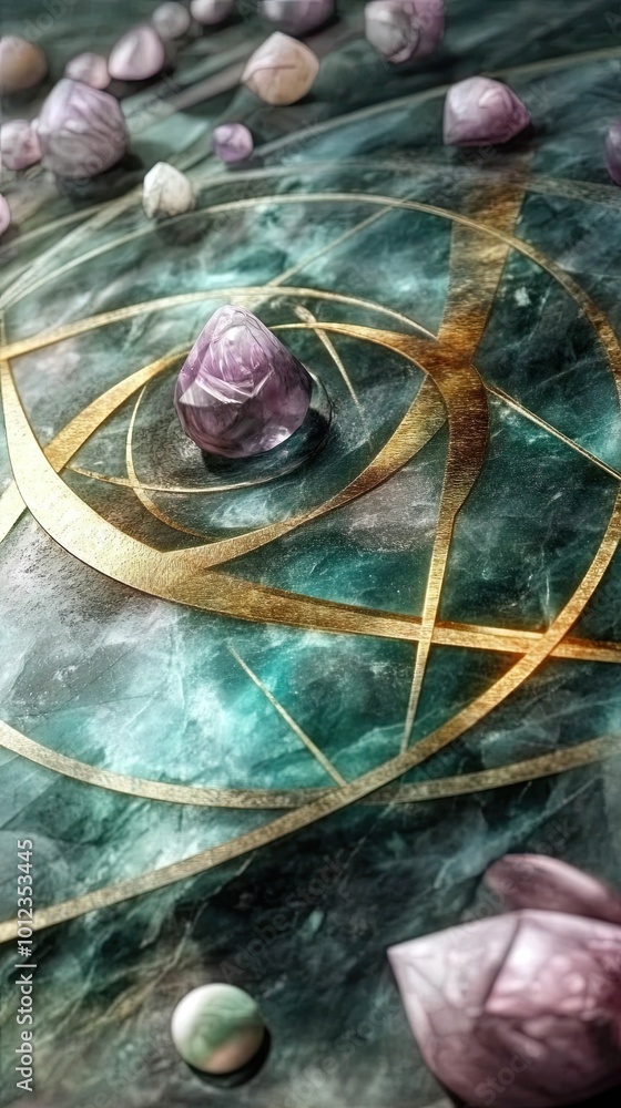 Poster Exploring the Intricate Design of Wisdom on a Mystical Surface With Crystals and Golden Patterns