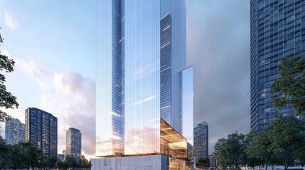 Obraz premium A sleek, modern glass skyscraper with reflective surfaces, capturing the surrounding cityscape and soft dusk light in an urban setting. 