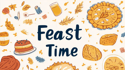 Cute hand-drawn pies, casseroles, and breads with "Feast Time" written in cheerful lettering. Flat illustration, thanksgiving