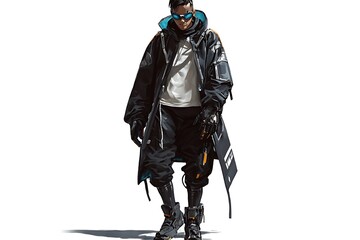 Cyberpunk Fashion,  Male character in a long black trench coat,  gloves and sunglasses