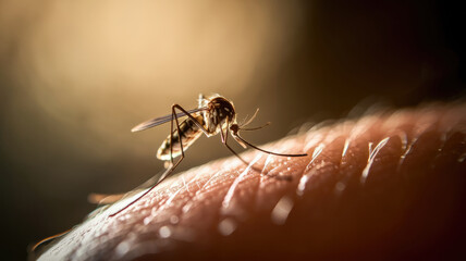 Naklejka premium A mosquito is on a person's arm. The mosquito is black and has a brown head