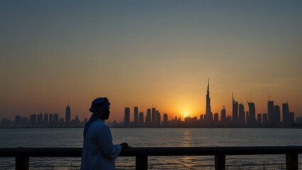 Fototapeta premium Silhouette of a Man Against Dubai Skyline at Sunset