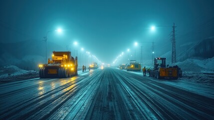 A nighttime view of a road being paved with heavy machinery working under bright streetlights, with fog and snow on the ground.