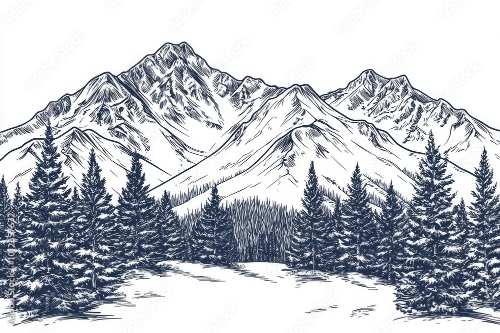 Wall mural the drawing shows mountains and forests. it is a modern illustration design.