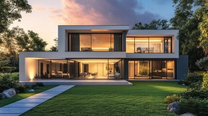 Rendered contemporary house with sleek exterior design and lawn at sunset. generative ai