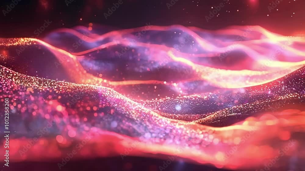 Poster abstract background with particles slowly moving and glowing, forming an undulating surface that res