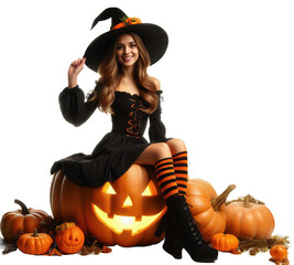 A smiling woman dressed as a witch sits on a glowing jack-o'-lantern, surrounded by pumpkins. The image captures a festive Halloween atmosphere with a playful and enchanting vibe (png file)