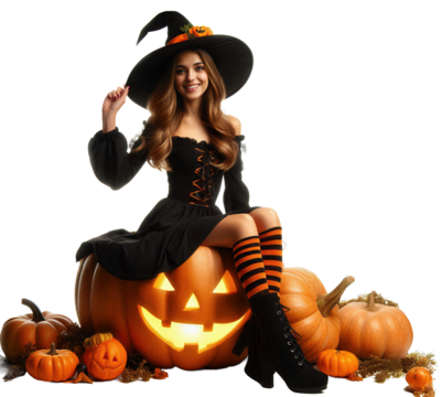 A smiling woman dressed as a witch sits on a glowing jack-o'-lantern, surrounded by pumpkins. The image captures a festive Halloween atmosphere with a playful and enchanting vibe (png file)