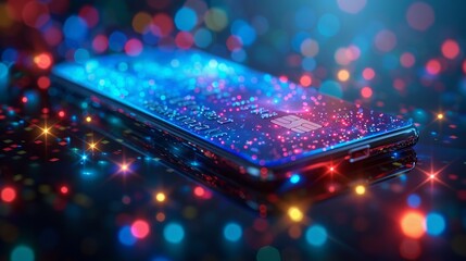A credit card is displayed on a smartphone screen with bokeh lights in the background, symbolizing online shopping and contactless payments.