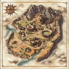Hand drawn Fantasy Map Illustration with Mountains, Castles, and River