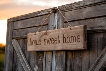 Rustic wooden 'Home Sweet Home' sign hanging on weathered barn door at sunset