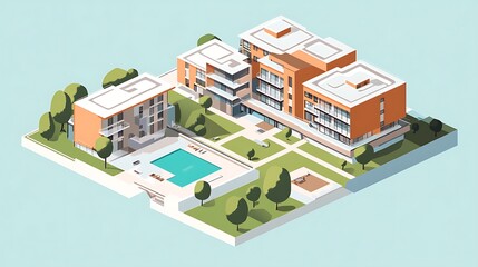 Isometric illustration of a modern school campus with buildings, swimming pool, playground, and trees. Education and learning concept.