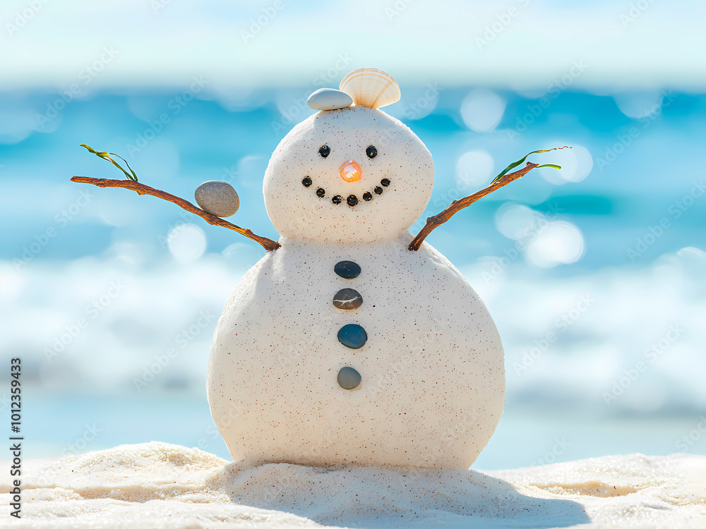 Wall mural ai-generated image of a snowman is standing on a beach with the ocean in the background. the snowman