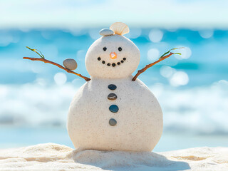 AI-Generated image of A snowman is standing on a beach with the ocean in the background. The snowman is smiling and holding a rock in its hand. The scene is a playful and whimsical representation of w