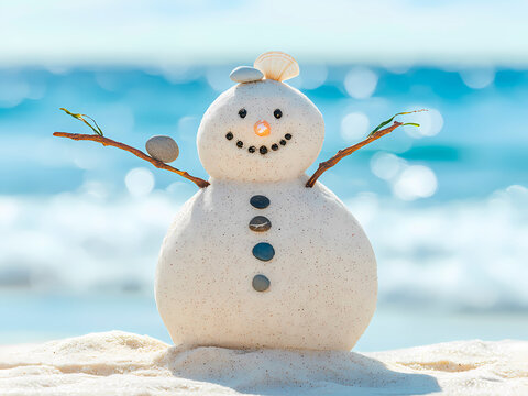 AI-Generated image of A snowman is standing on a beach with the ocean in the background. The snowman is smiling and holding a rock in its hand. The scene is a playful and whimsical representation of w