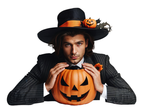 A charismatic man in a pinstripe suit and witch hat poses with a carved Halloween pumpkin, creating an enchanting and mysterious atmosphere perfect for the spooky season