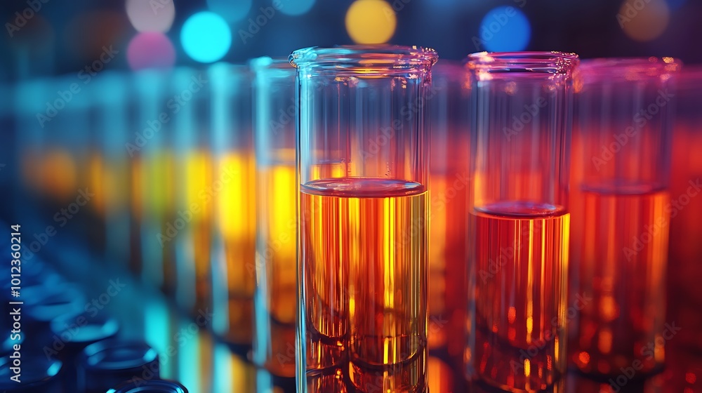 Poster close-up of test tubes filled with colorful liquid in a laboratory setting.