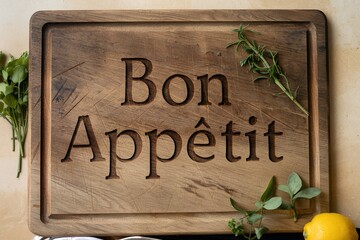 Rustic wooden cutting board with carved 'Bon Appétit' text and fresh herbs