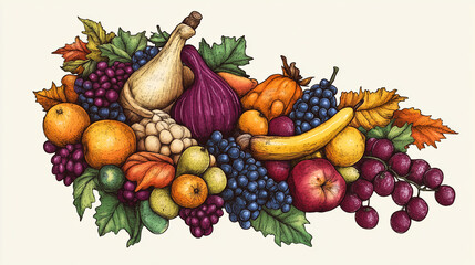 A colorful cornucopia overflowing with fruits and vegetables. Vector and minimalistic drawing