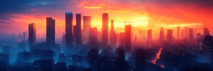 Obraz premium A city skyline at sunset with a fiery sky.