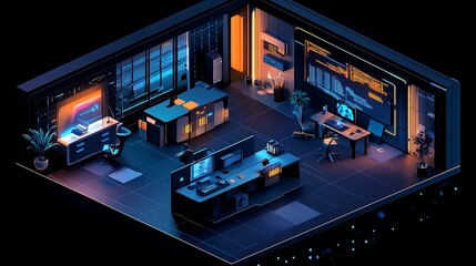 Fototapeta premium Isometric illustration of a futuristic gamer room with neon lighting