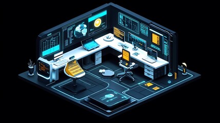 Futuristic Tech Office with Monitors, Computers, and Desk
