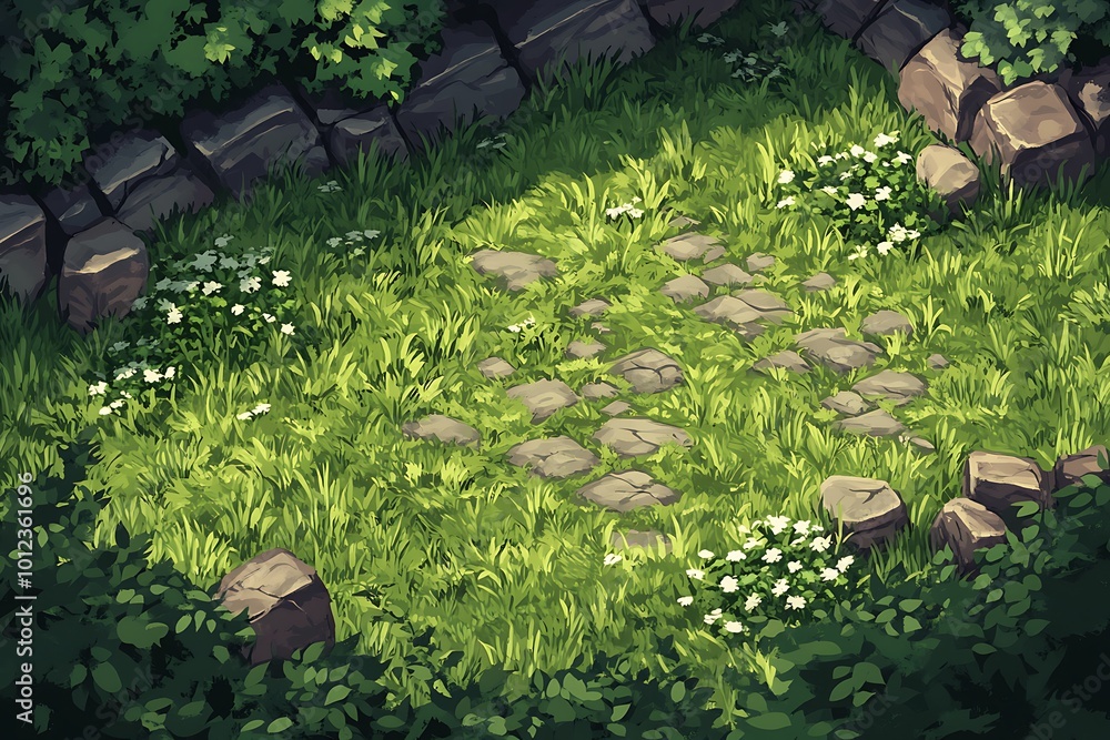 Poster top down view of a stone path through a grassy clearing in a forest