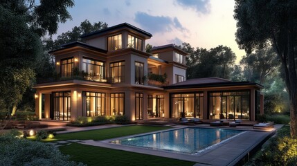 Fototapeta premium Rendered exterior of a luxury home with pool and garden generative ai