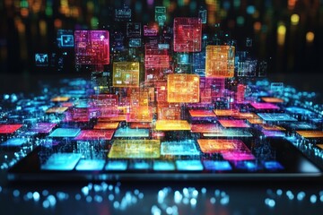 Colorful digital squares and data burst from a smartphone screen against a dark blurred background.