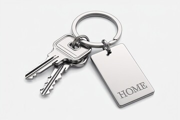 Silver house keys with HOME engraved keychain on white background