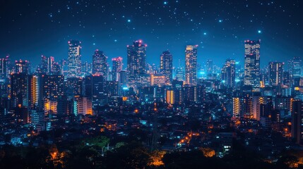 A panoramic view of a city skyline at night with a starry sky above. The cityscape is illuminated by streetlights and building lights, creating a vibrant and energetic atmosphere.