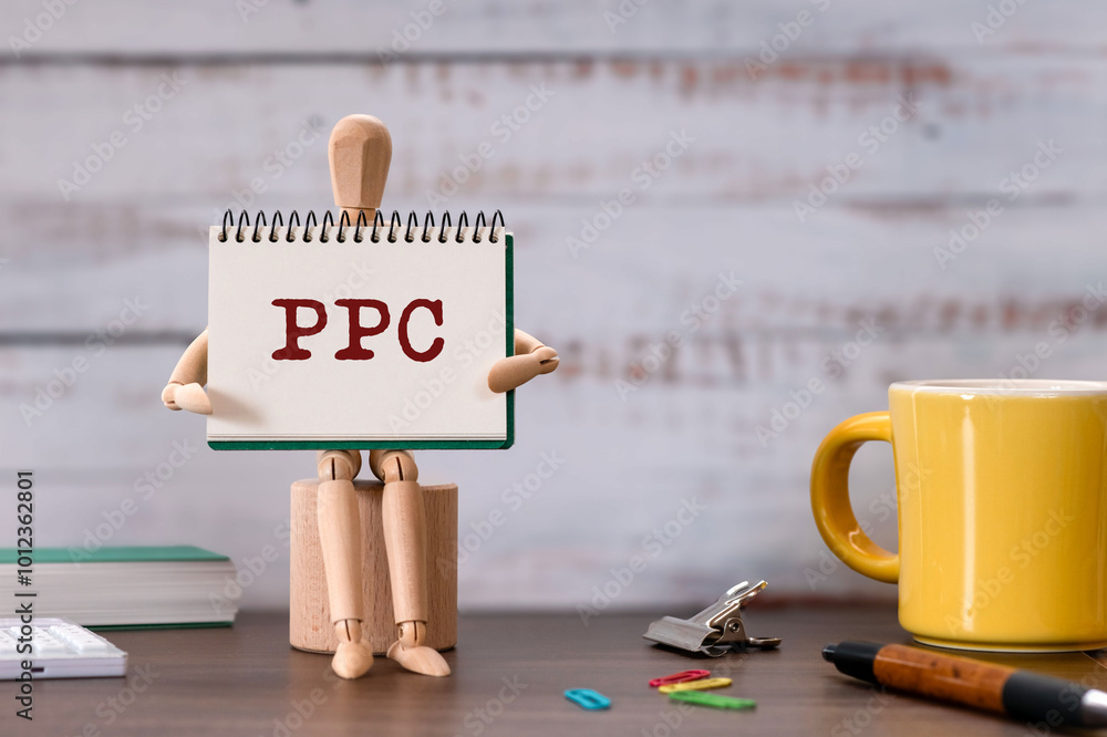 Poster there is notebook with the word ppc. it is an abbreviation for pay-per-click as eye-catching image.