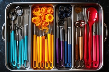 A rainbow of kitchen tools organized in a tray.
