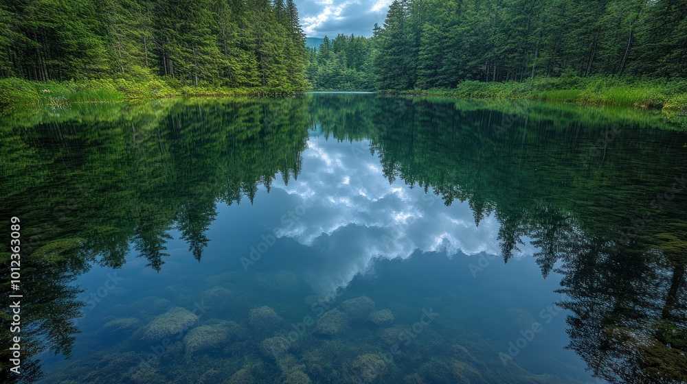 Poster serene lake reflecting trees and clouds in a tranquil forest setting.