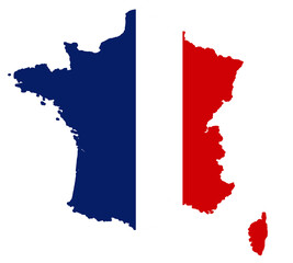 creative map of France, french flag color style design, blue white red, silhouette map symbol icon, isolated