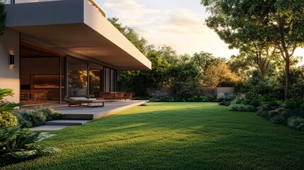 Rendered exterior of a modern house with rooftop terrace and garden generative ai